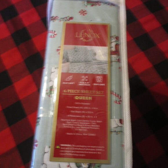 NWT QUEEN Size Sheet Set 6-pc Lenox Snowman Christmas Peppermint Candy Cane - Picture 3 of 4